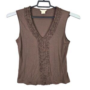 Womens Michael Kors Brown Sleeveless Blouse Ruffled V Neck 100% Lyocell Size M